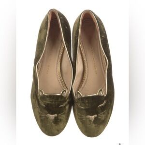 Charlotte Olympia olive green velvet kitty flats
